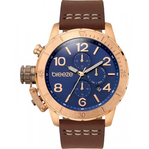 BREEZE Kryptonite Dual Time Rose Gold Brown Leather Strap  